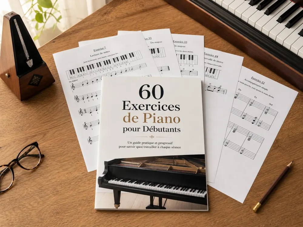 60 exercices de piano imprimés au format A4 sur une table