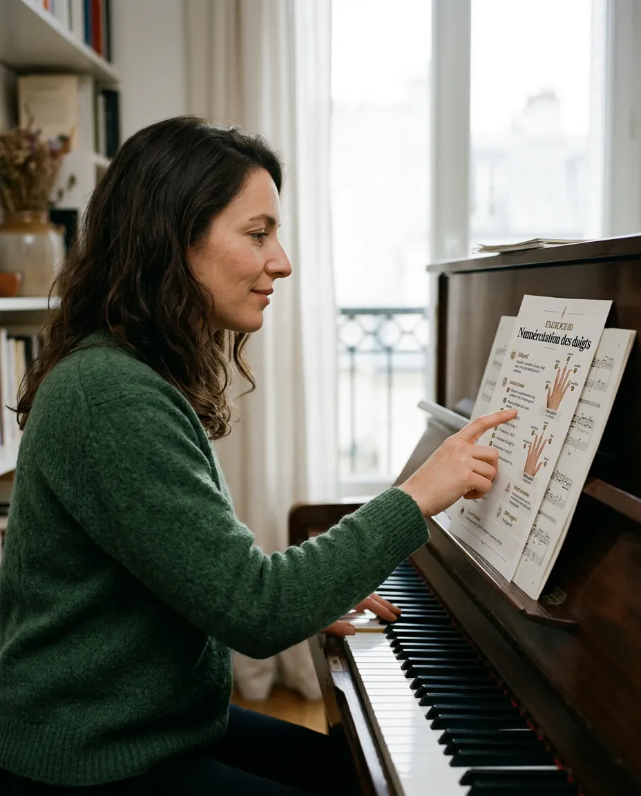 Femme française apprenant le piano avec le matériel