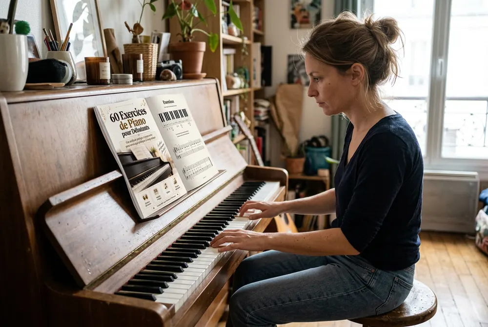 Femme française pratiquant le piano avec les exercices imprimés
