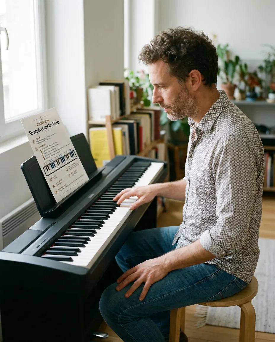 Homme français pratiquant le piano avec le matériel