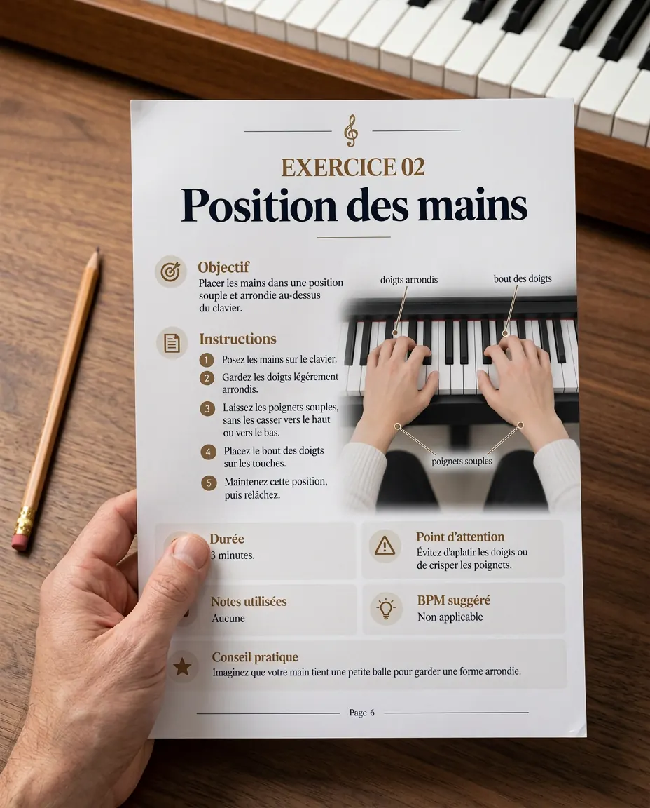 Main tenant une feuille d'exercice de piano imprimée